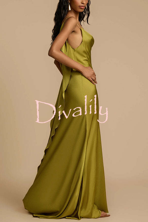 Evening Date Satin Cowl Neck Drape Ruffle Backless Bias Cut Party Maxi Dress