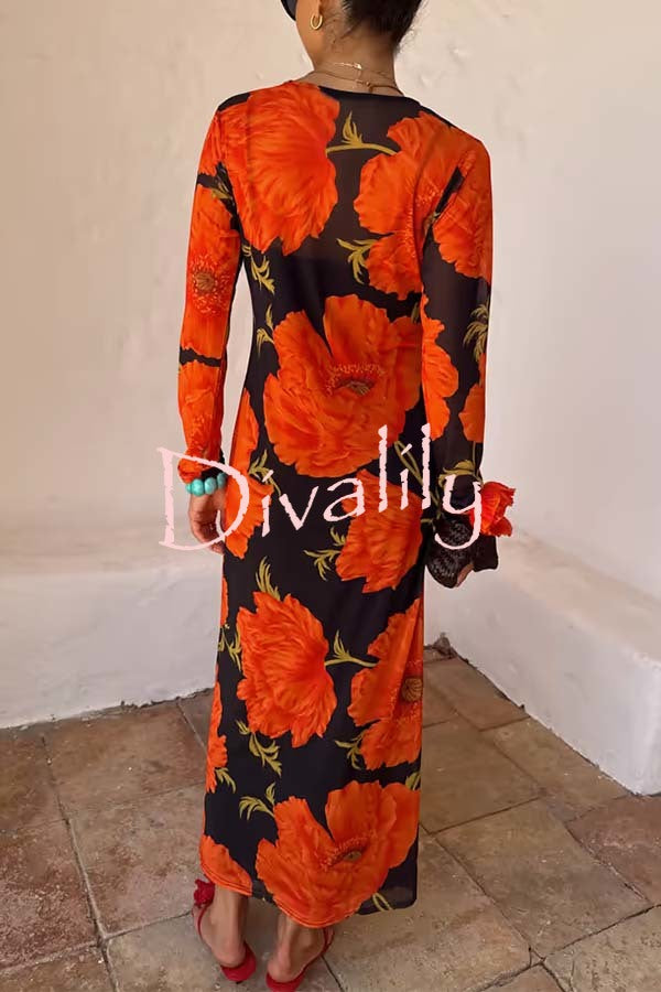 Perfect Cross-season Mesh Poppy Flower Print Long Sleeve Stretch Maxi Dress