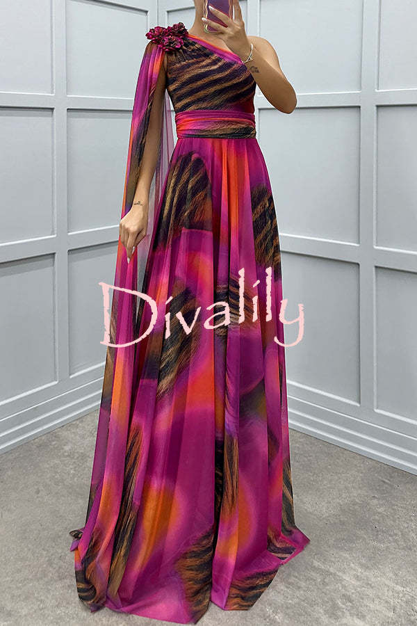 Lucia Unique Print Floral Detail One Shoulder Draped Sleeve Gown Maxi Dress