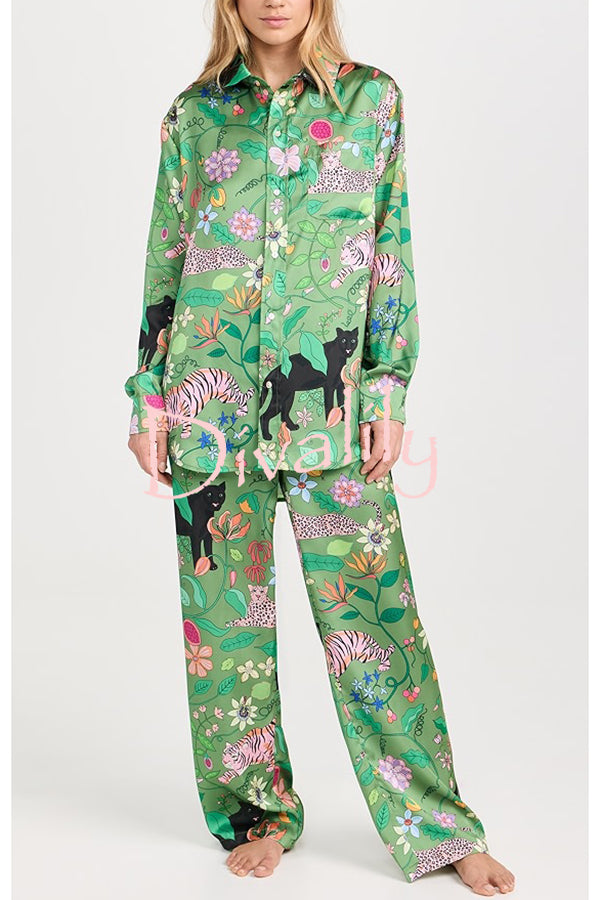 Quiet Jungle Satin Unique Print Long Sleeve Shirt and Elastic Waist Pocket Lounge Pants Set