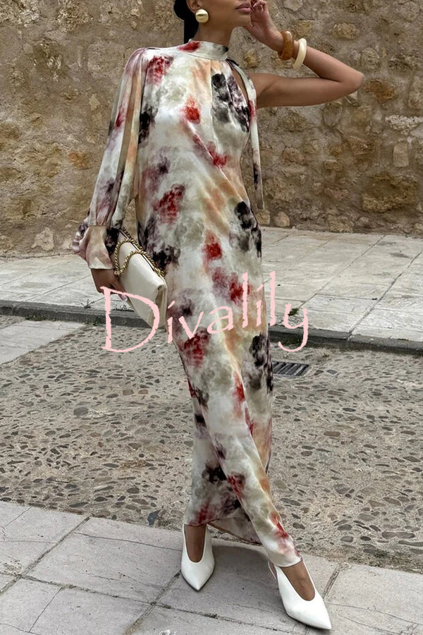 Ninah Satin Tie-dye Print Tie-up Neck One Sleeve H-line Maxi Dress