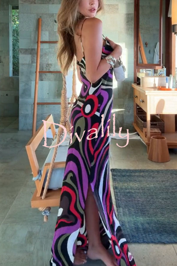 Love in Venice Unique Print V-neck Slit Slip Maxi Dress