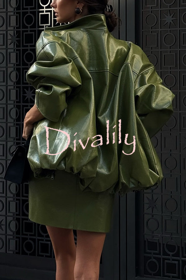 Solid Color Loose Long Sleeve Pocket Casual Leather Jacket