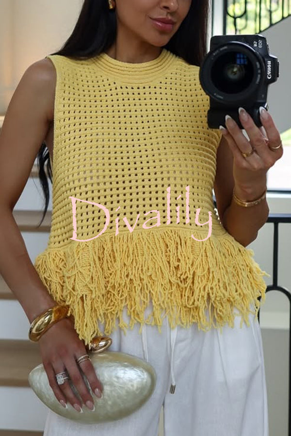 Solid Color Round Neck Sleeveless Hollow Tassel Loose Vest