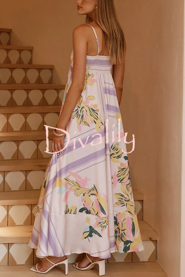 Botanical Print Square Neck Suspender Casual Full Hem Maxi Dress