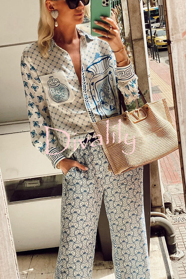 Stylized Dragon Satin Unique Print Long Sleeve Loose Shirt and Elastic Waist Pants Set