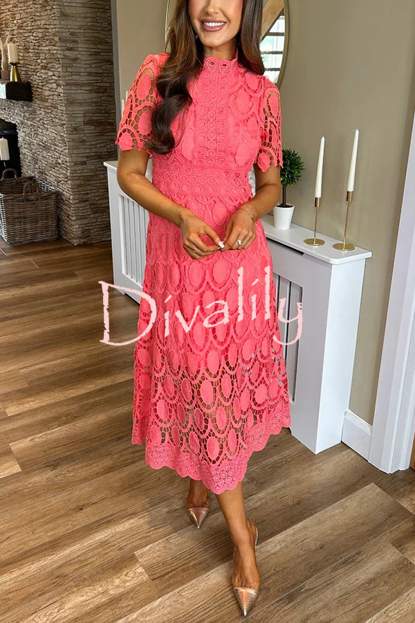 Elegant Crocheted Cutout Lace Short-sleeved Stand-collar Midi Dress