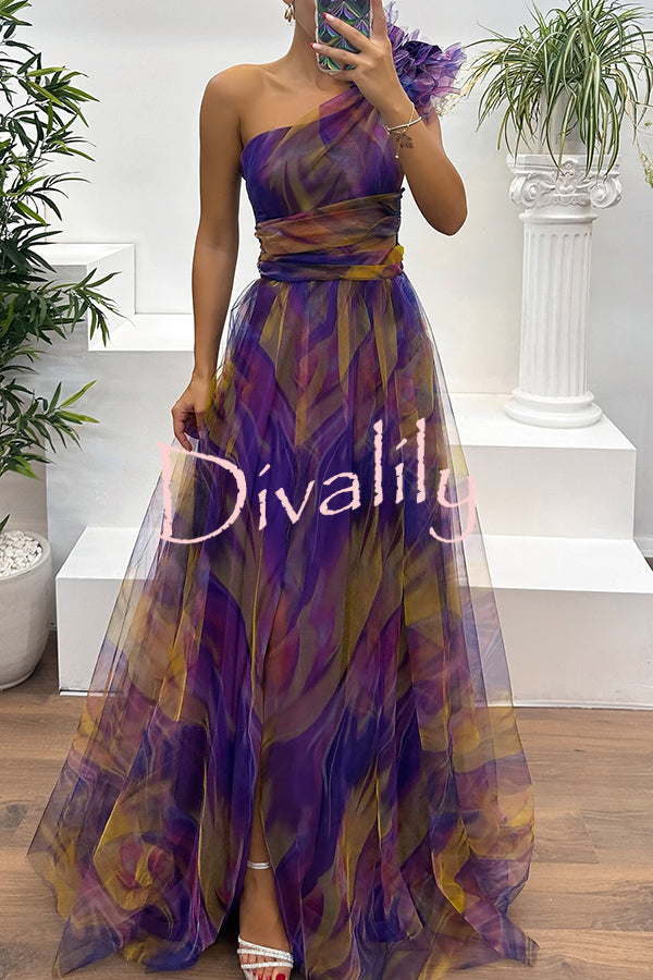 Charming Embrace Tulle Floral Pleated One Shoulder Slit Maxi Dress