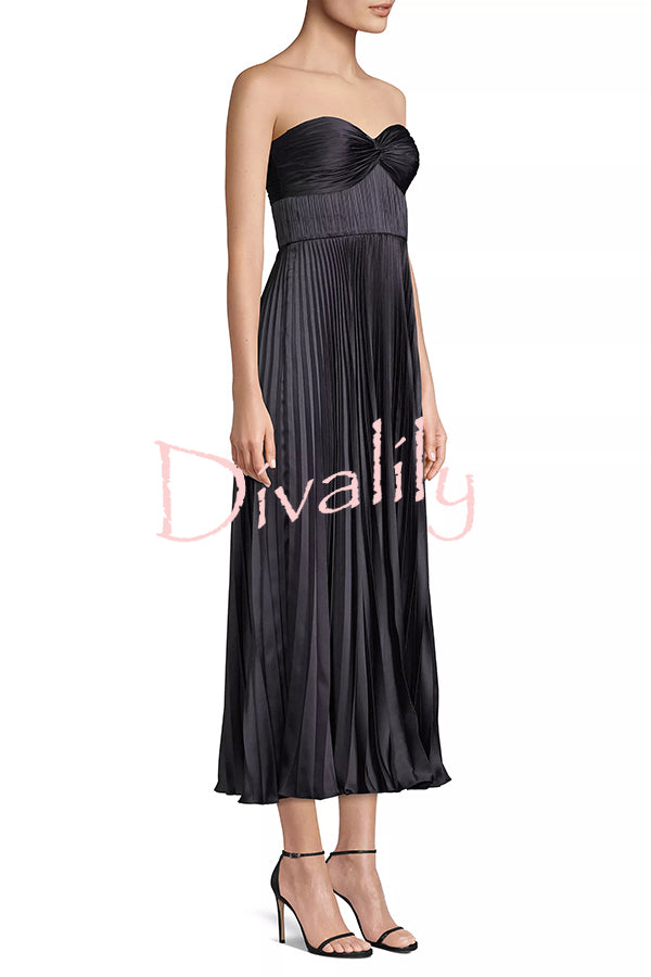 Love Note Satin Sweetheart Twist Off Shoulder Pleated Maxi Dress