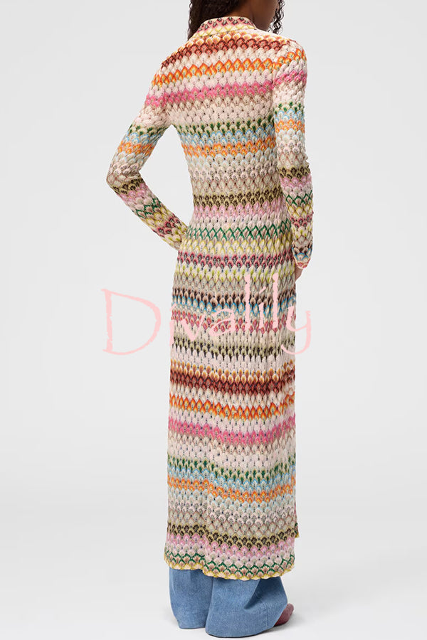 Anna Knit Colorful Herringbone Print Shirt Neck Button Long Sleeve Slim-fit Long Cardigan