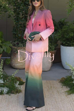 Sunset Dinner Gradient Print Button Lapel Blazer and Pocketed Wide Leg Pants Set