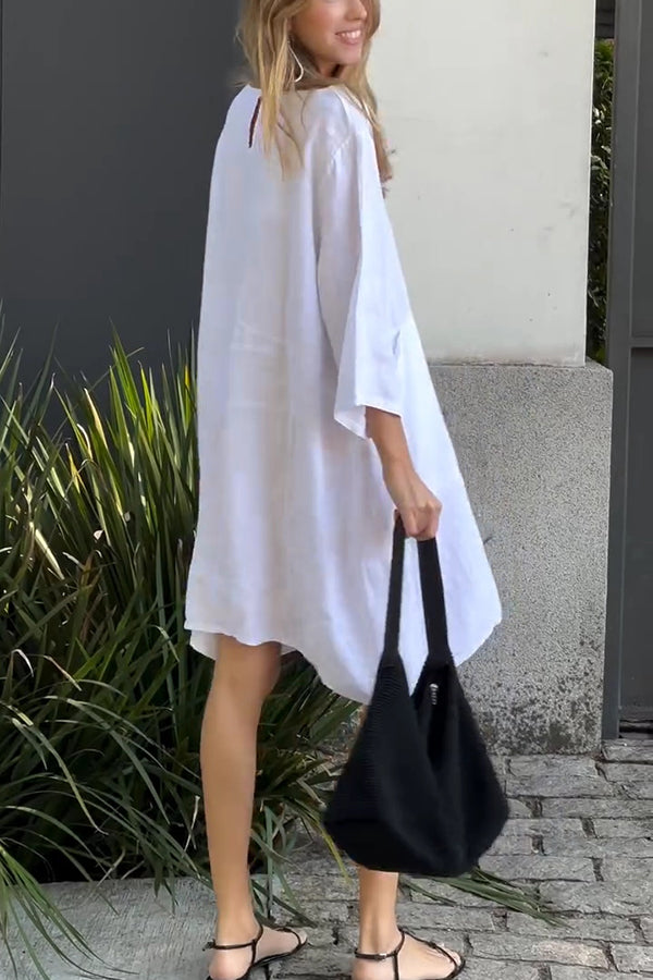Linen Blend Solid Loose Casual Pocket Mini Dress
