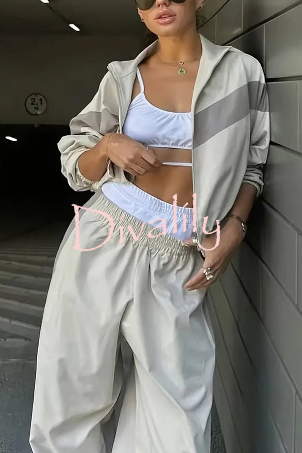 Fashionable Contrasting Long-sleeved Loose Coat and Elastic Waist Wide-leg Pants Set