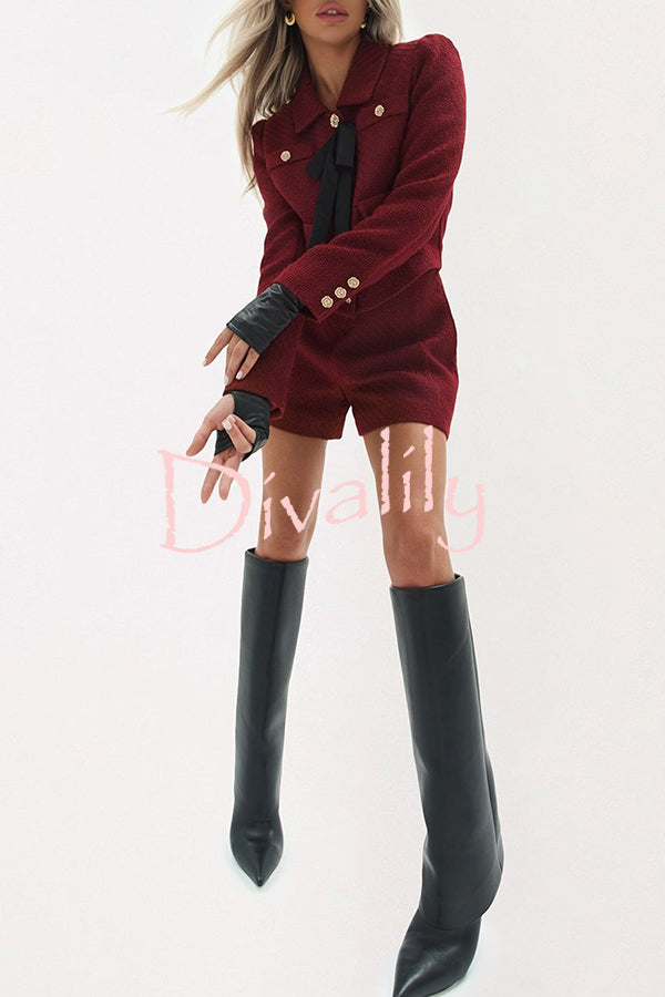 Sweet Dreams Tweed Bow Neck Button Long Sleeve Pocket Crop Jacket