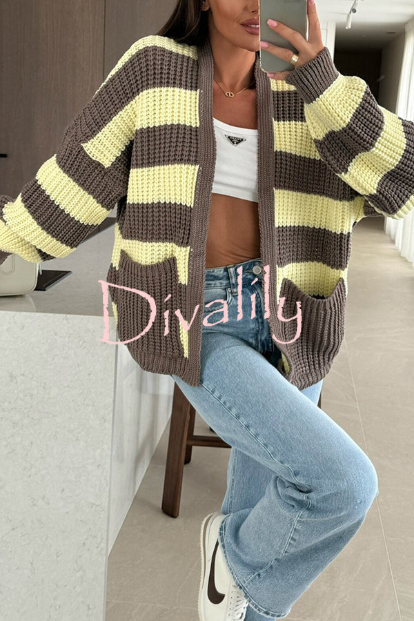 Fashionable Patchwork Striped Casual Pocket Knitted Sweater