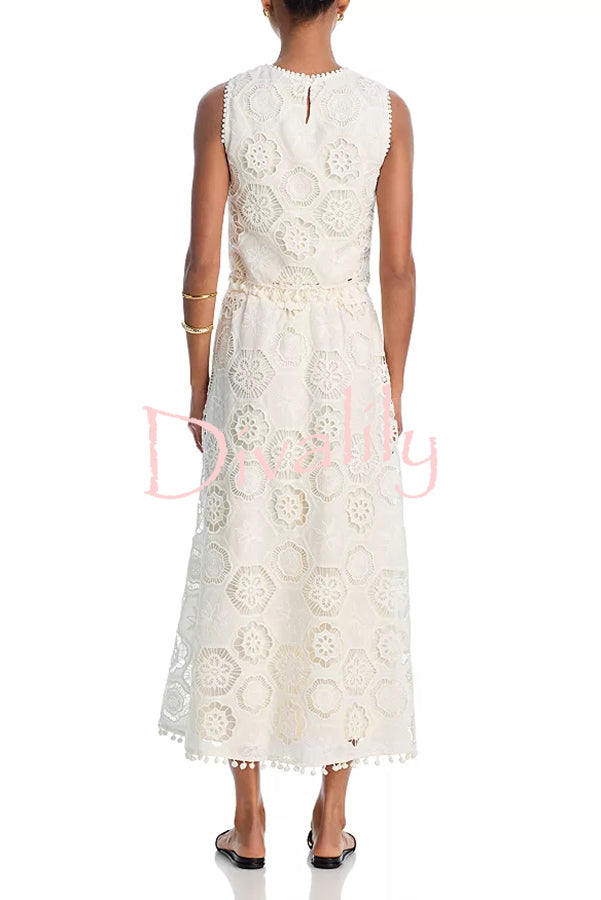 Nice Try Embroidered Crochet Lace Tassle Trim Elastic Waist Midi Skirt