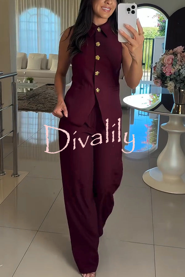 Fashion Lapel Sleeveless Button Vest and Casual Straight-leg Suit Pants Set