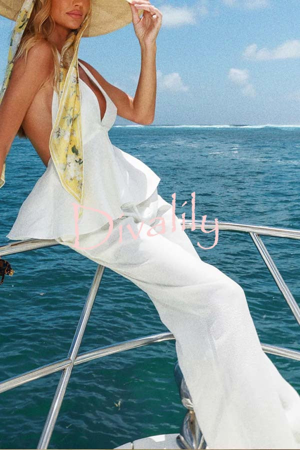 Sakai Linen Blend Bow Ruffle Hem Halter Top and High Rise Pocket Wide Leg Pants Set