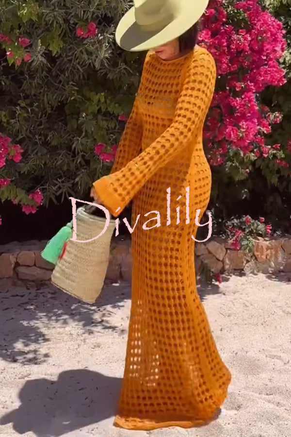 Sunny Beachside Crochet Knit Hollow Out Long Sleeve Cover-up Maxi Dress