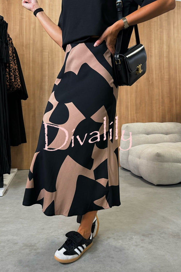 Breezy Composure Unique Print High Rise Elastic Waist Midi Skirt