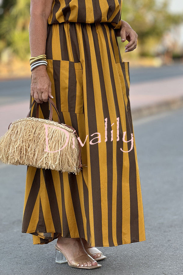 Harlow Striped Print Padded Shoulder Top and Elastic Waist Draped Pocket Maxi Skirt Set