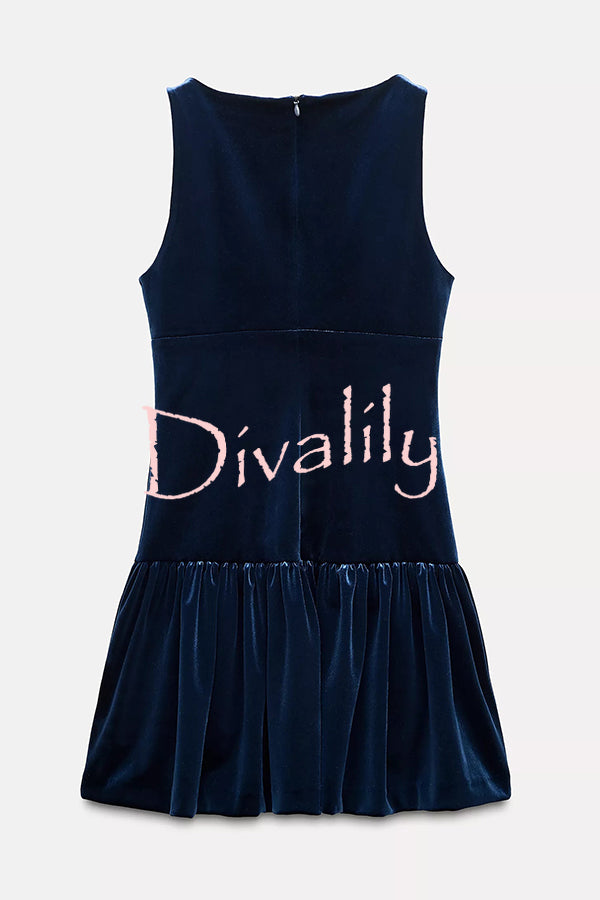 Solid Velvet Bow Embellished Sleeveless Mini Dress