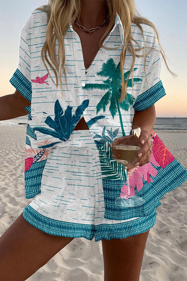 Rainforest Plant Print Loose Button Elastic Waist Shorts Set