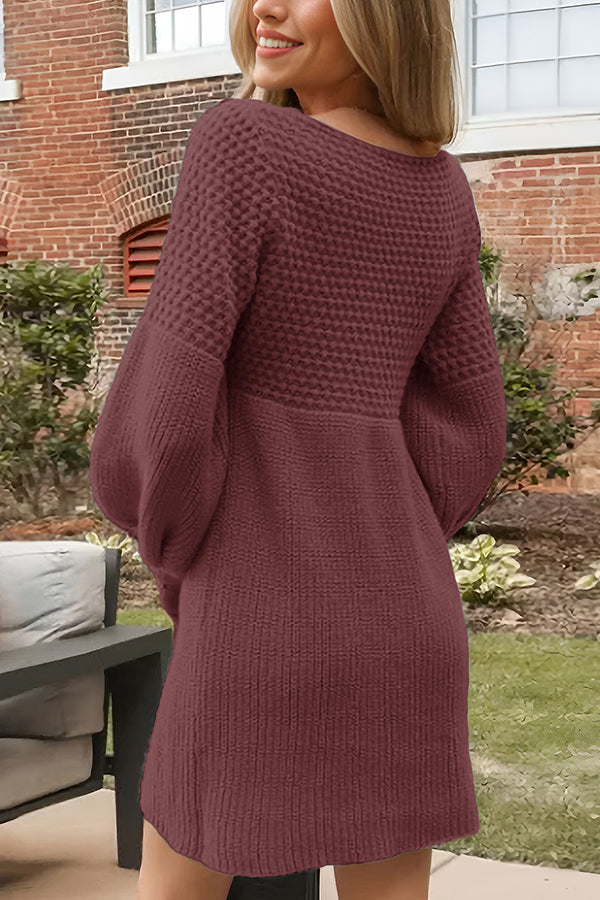 Solid Color V-neck Puff Sleeve Casual Knitted Mini Dress