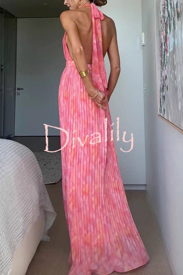 Unique Print Sexy Halter Neck Tie Pleated Vacation Maxi Dress