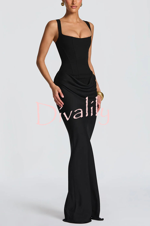Larrah Square Neck Back Lace-up Satin Drape Hem Maxi Dress