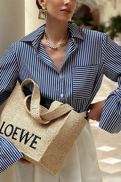 Striped Print Ruffled Long Sleeve Pockets Loose Shirt