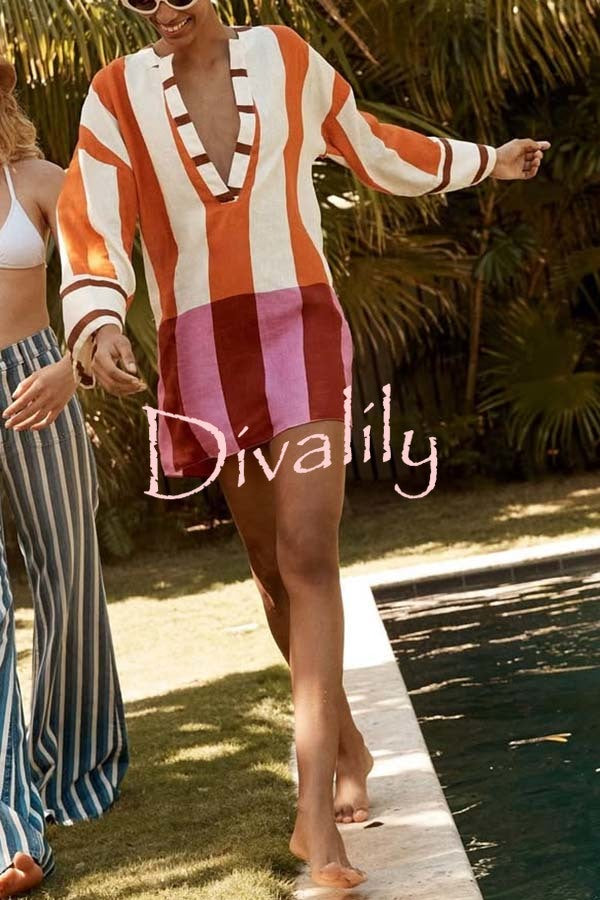Talah Linen Blend Color Block Print V-neck Long Bell Sleeve Loose Mini Dress