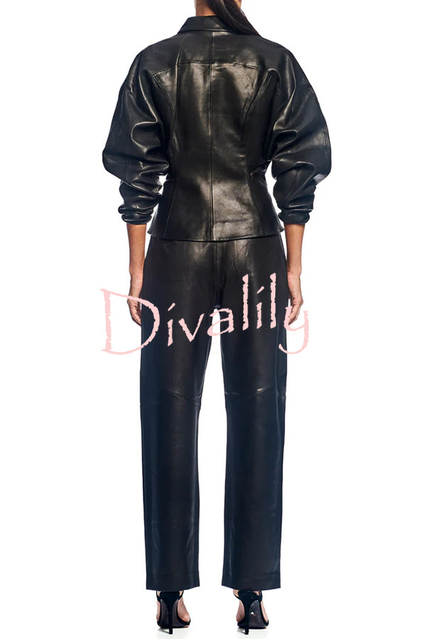 Pop of Brown Faux Leather Double Zipper Detail Balloon Sleeve Lapel Jacket