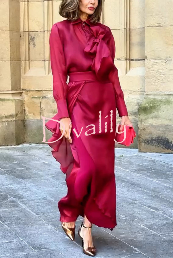 Lily Chiffon Bow Detail Puff Sleeve Blouse and Elegant Layered Maxi Skirt Set