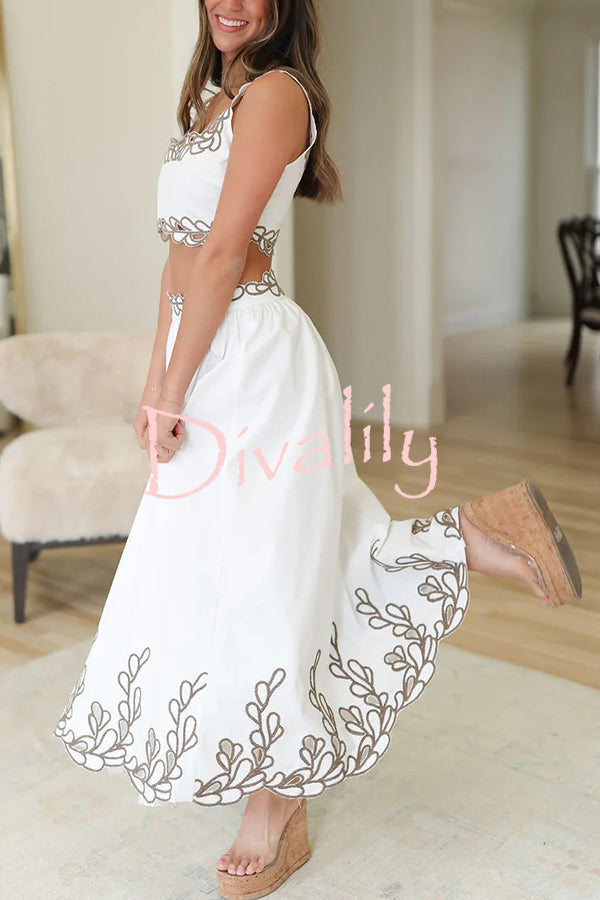 Perfect Vacation Embroidered Trim Crop Tank and Elastic Waist A-line Maxi Skirt Set