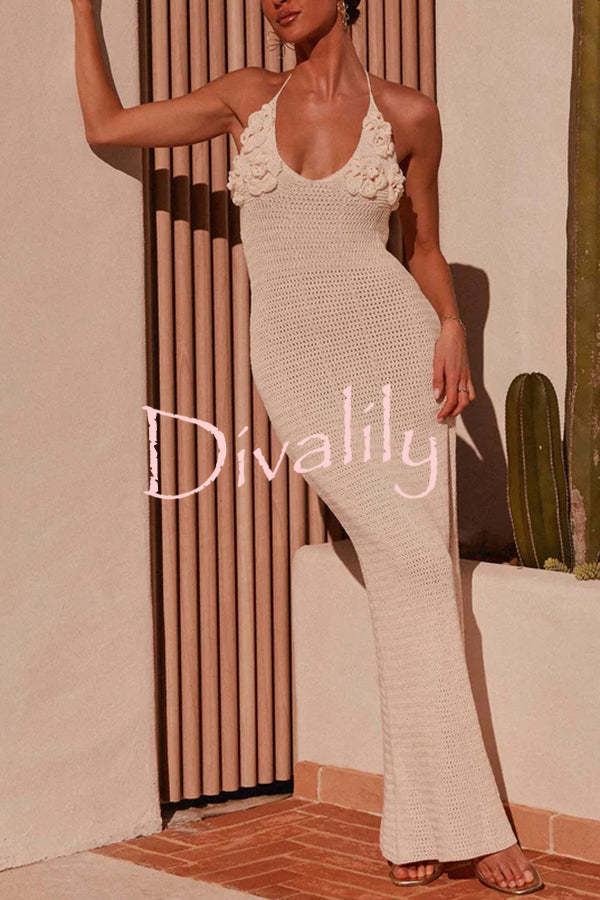 Olivia Crochet Knit Rose Texture Backless Stretch Maxi Dress