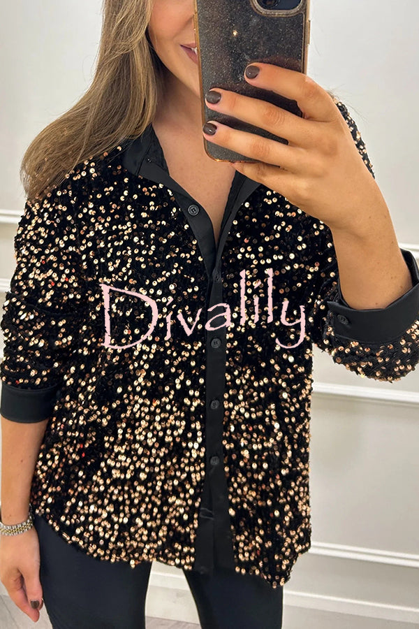 Fashion Velvet Sequined Loose Casual Long-sleeved Shirt