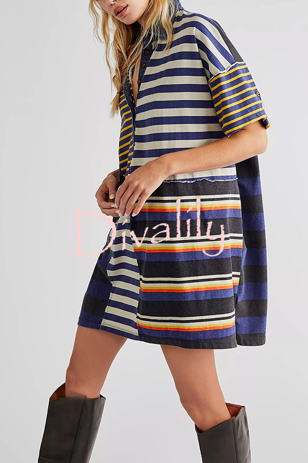 Contrast Striped Patchwork Denim Lapel Loose Casual Mini Dress