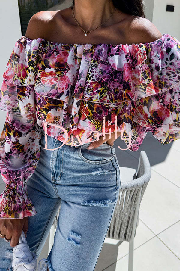 Colorful Botanical Print Sexy Off-shoulder Ruffle Top