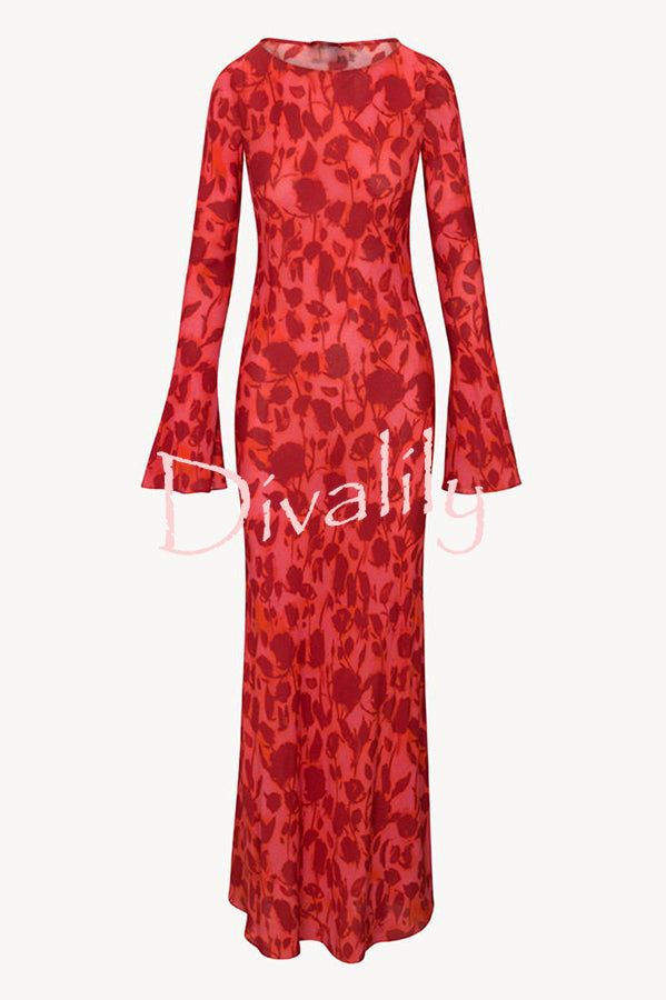 Gia Unique Print Boat Neck Long Bell Sleeve Bias Cut Maxi Dress