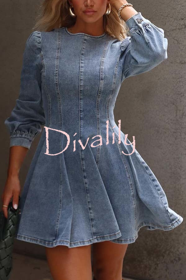 Fade Into You Denim Princess Line Back Zipper Flare Stretch Mini Dress