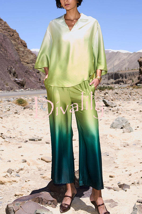 Alenah Satin Gradient Print V-Neck Loose Shirt and Casual Pocket Wide Leg Pants Set