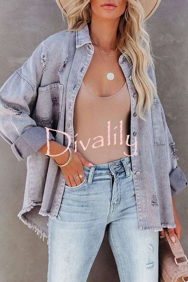 Stylish Lapel Long Sleeve Ripped Denim Jacket