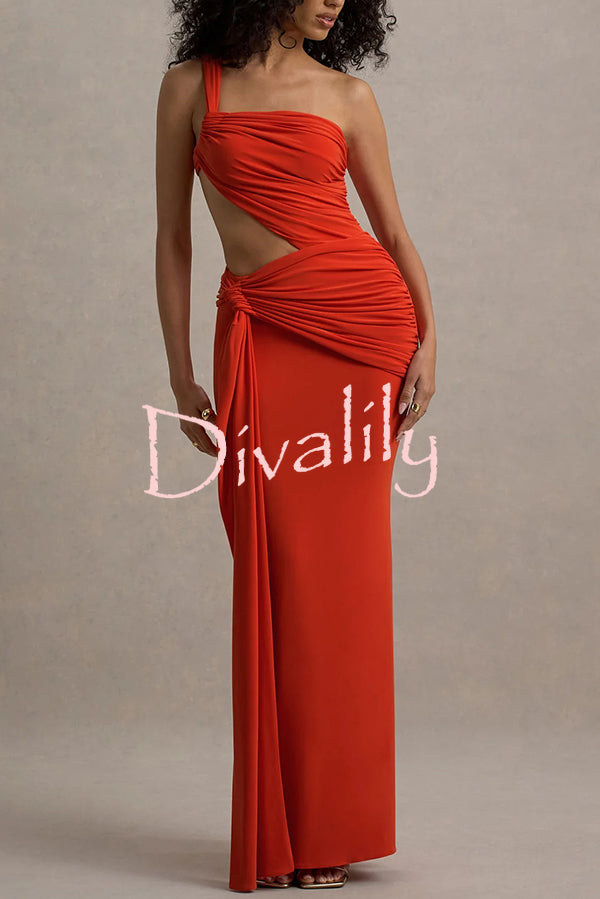 Sexy One-shoulder Backless Ribbon Pleated Slim Maxi Dress