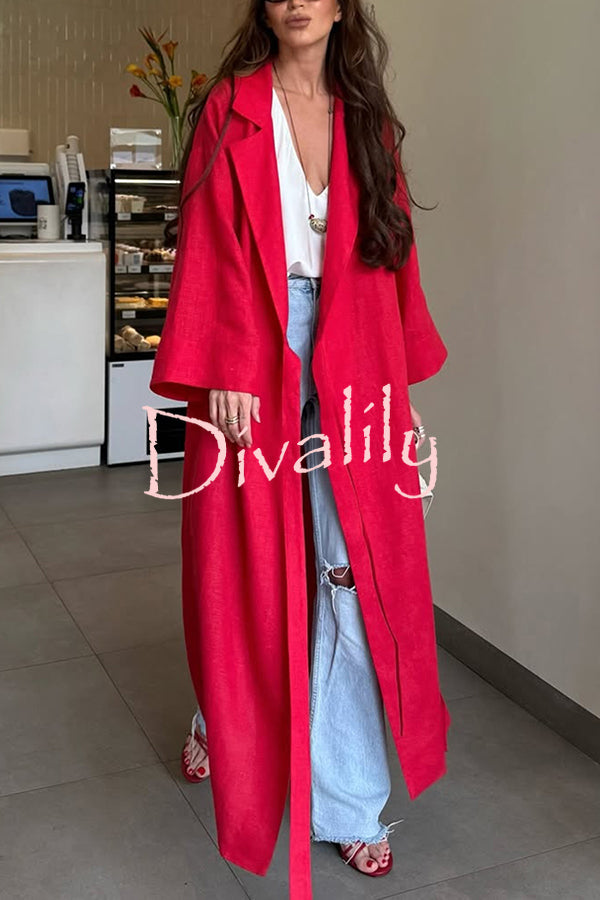 Linen Blend Solid Color Casual Lapel Tie Loose Maxi Dress