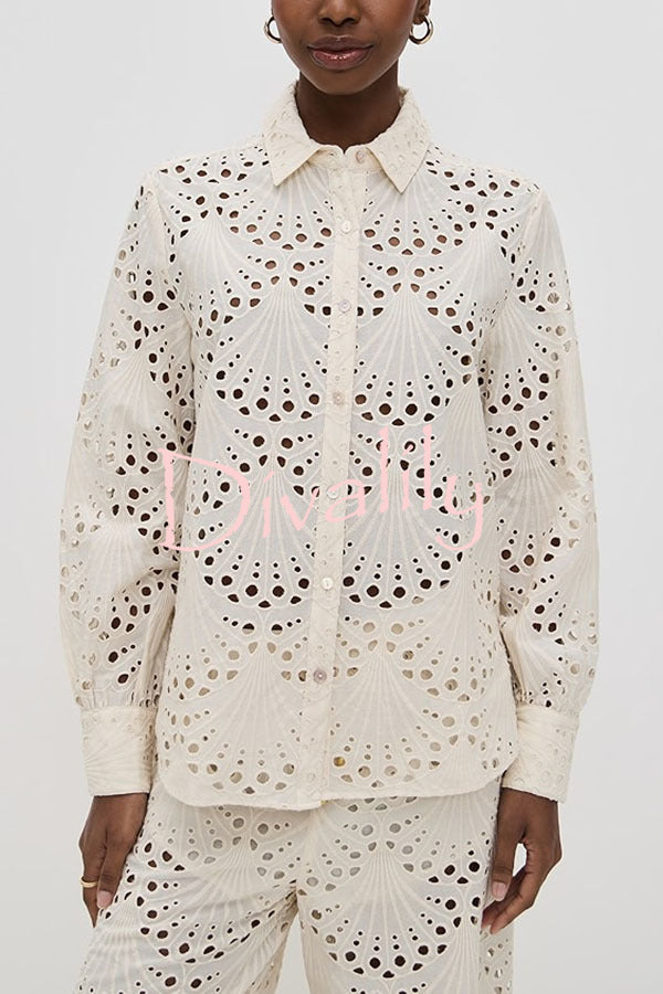 Lillah Embroidered Lace Shell Pattern Long Sleeve Loose Blouse