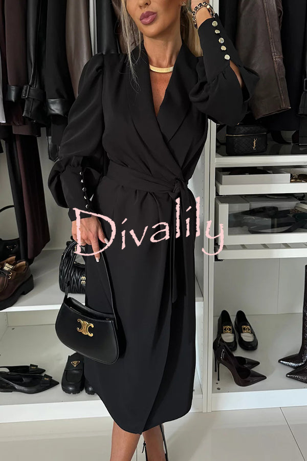 Vintage Elegance Metal Buckle Balloon Sleeve Lapel Wrap Formal Midi Dress