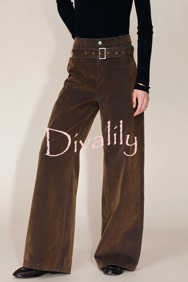 Taylor Denim Mid Rise Detachable Belt Flocked Pocket Wide Leg Jeans