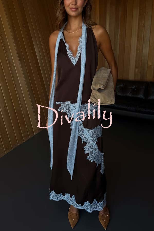 Sunday Social Contrast Color Satin Lace Trim Mid Rise Maxi Skirt