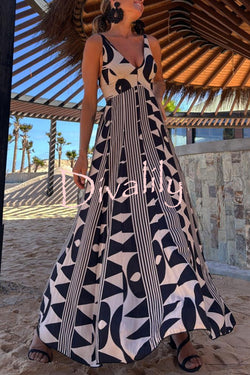 Sabine Geometric Print V-Neck Back Smocked A-line Maxi Dress